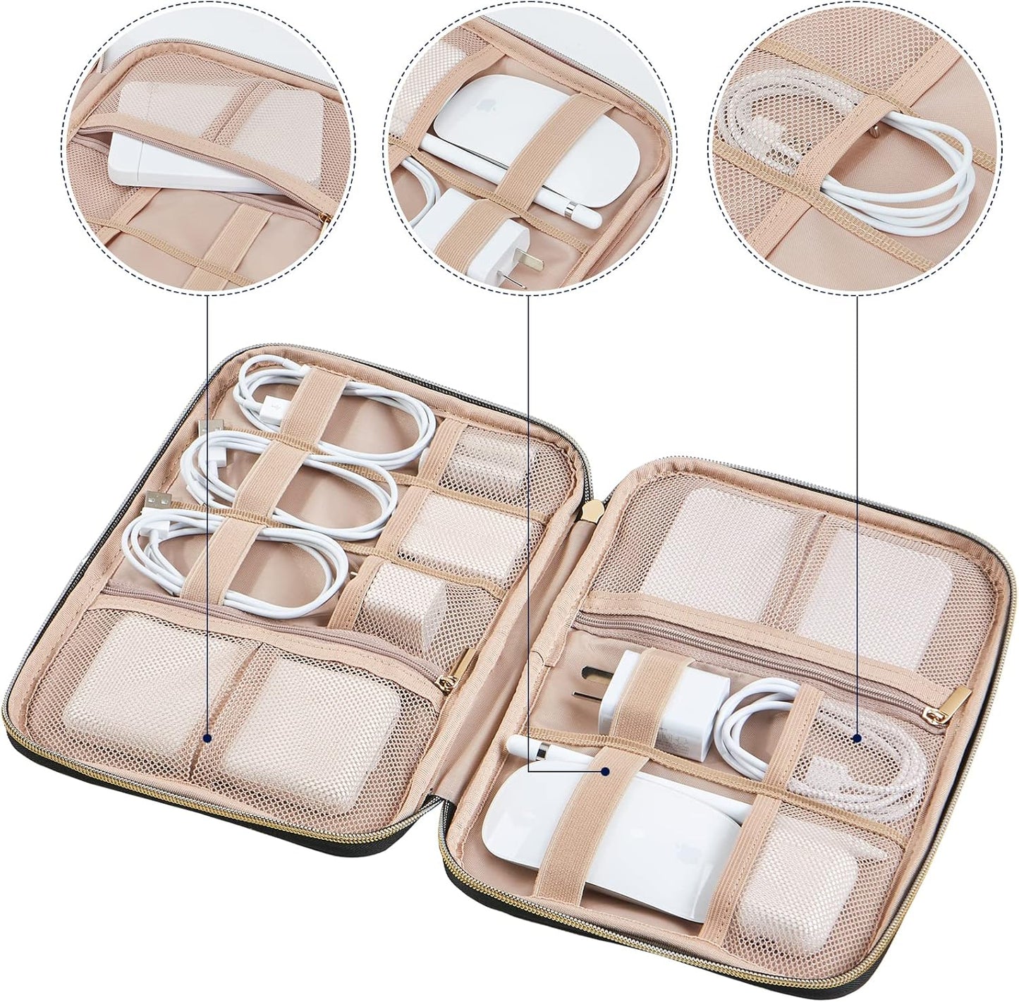 NISHEL Travel Cord Organizer Case, Tech Electronic Bag, Essentials for Charger, Cable, Phone, Hard Drive, USB, SD Card, Rosewood-Pink