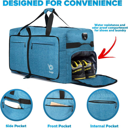 Bago Large Foldable Duffel Bags for Traveling Women & Men - 120L Packable Duffle Bag for Travel with Shoe Compartment - Water Repellant, Heavy Duty, Lightweight Folding & Collapsible (SnowBlue)