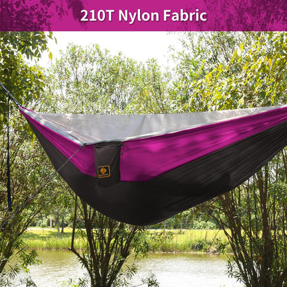 Camping Hammock, Portable Hammocks with Mosquito Net,Lightweight Nylon Parachute Hammock with 10ft Tree Straps,Camping Gear Must Haves for Travel Hiking Backpacking Beach Patio-Black&Pink