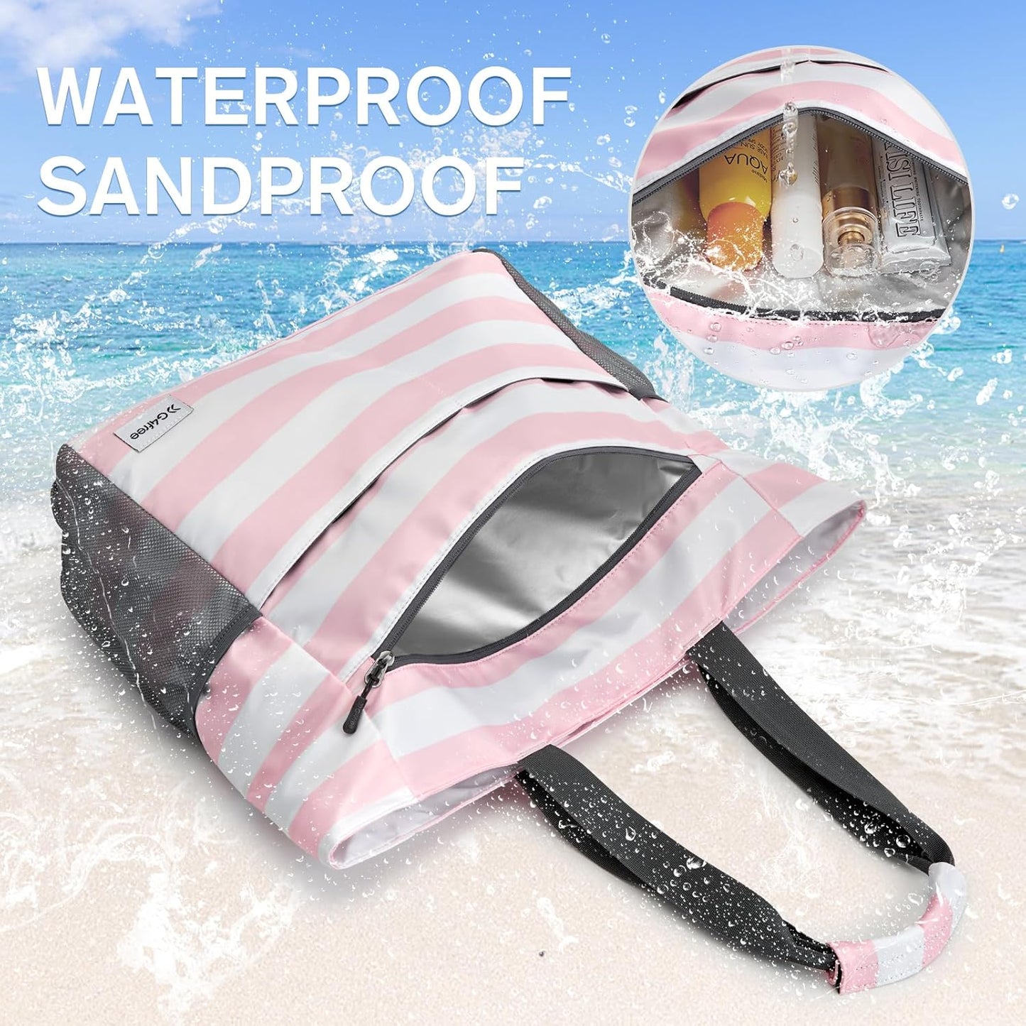 G4Free Beach Bag, Waterproof Sandproof Beach Tote Bag, Large Capacity Foldable for Women