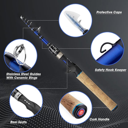 EOW XPEDITE PRO Portable Telescopic Casting and Spinning Fishing Rods, 24T Carbon Blanks & Solid Carbon Tip, Cork Handle, Travel Rod, Short Collapsible Rods