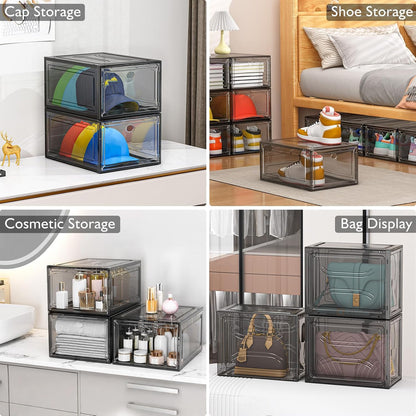 7 code Large Clear Shoe Boxes Organizer【Thicker Material】 Stronger Shoe Box with Magnetic Door, Stackable Shoe Storage Box for Closet, Foldable Space-Saving Storage Bins Shoe Cabinet, Black 9-Pack