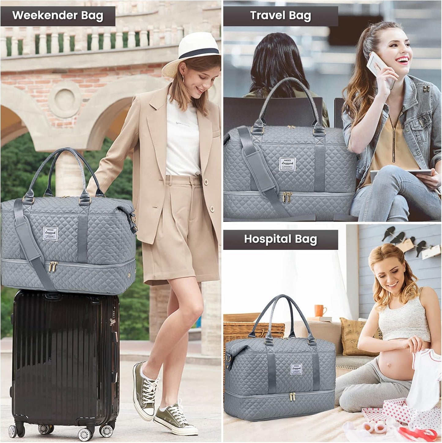 LOVEVOOK Travel Duffle Bag,Weekender Bags for Women with Shoe Compartment，Carry on Overnight Bag with Toiletry Bag,Gym Duffel Bag with Wet Pocket, Hospital Bags for Labor and Delivery
