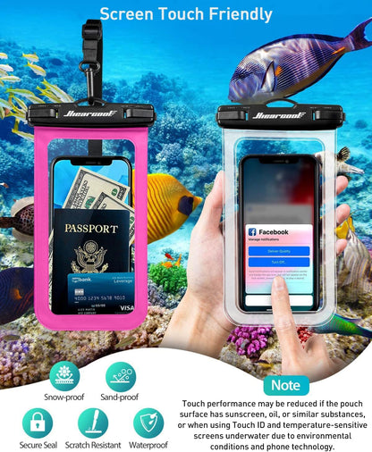 Hiearcool Universal Waterproof Phone Pouch,IPX8 Cell Phone Waterproof Case Up to 8.3" for iPhone 16 15 14 13 Pro Max,Beach Essentials Vacation Must Haves-Clear&Bright Red-2Pack