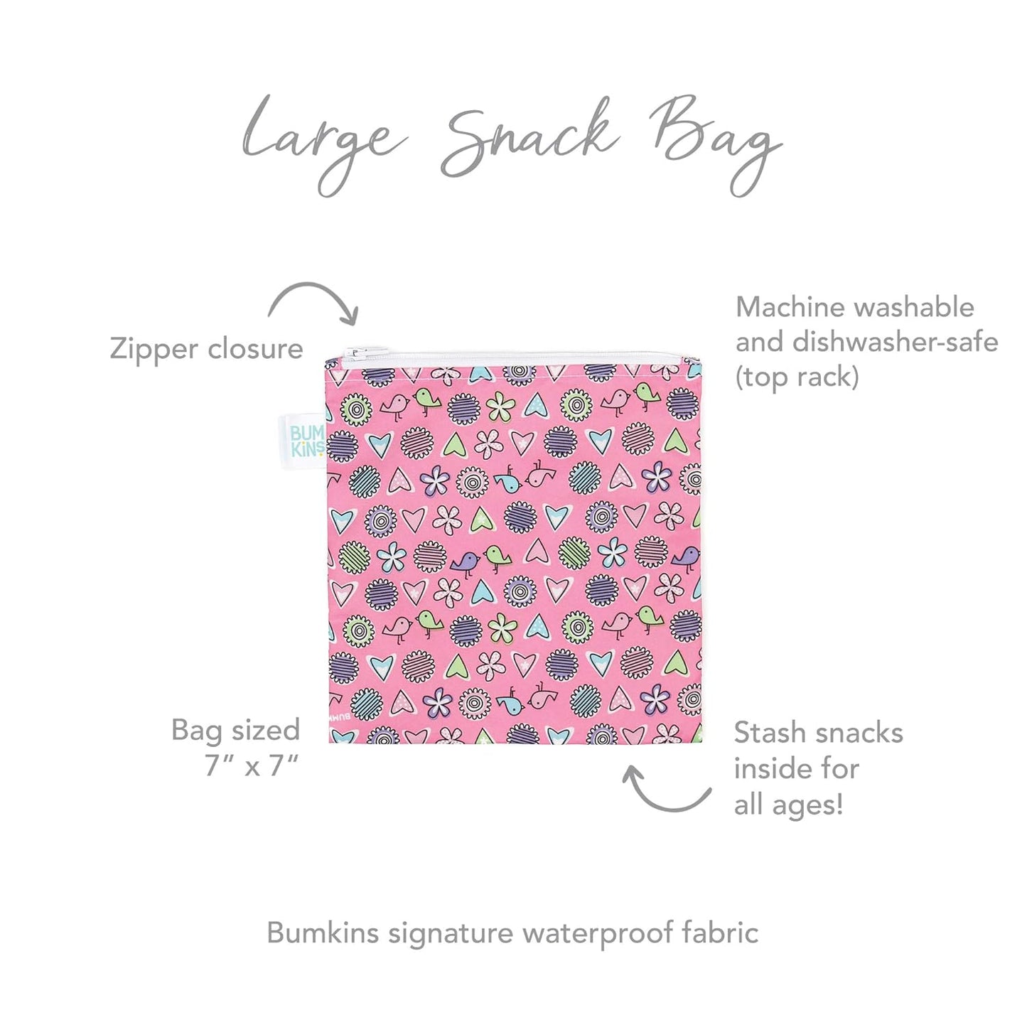 Bumkins Reusable Sandwich and Snack Bags, for Kids School Lunch and for Adults Portion, Washable Fabric, Waterproof Cloth Zip Bag, Travel Pouch, Food-Safe Storage, Large, Love Birds Pink