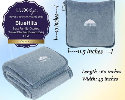 BlueHills Premium Soft Plush Travel Blanket Pillow for Airplane Traveling Essentials in a Bag Flight Throw with Hand Luggage Belt Backpack Clip Compact Portable Plane Accessories Grayish Blue - T026