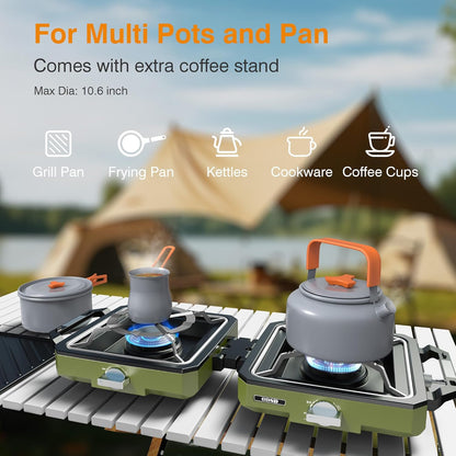 ODSD 2 Burner Camping Stove with Windshield, 20000 BTU Propane Camp Stove, Portable Folding Gas Stove, Camping Essentials Gears Includes Frying Pan, Coffee Stand & Carry Bag, Green