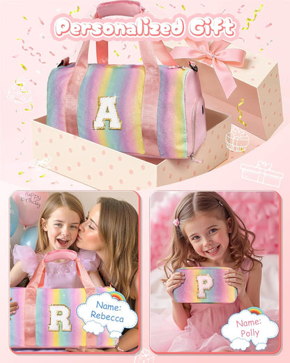 Cute Preppy Gifts for Girls-Girl Gym Bag with Shoe Compartment, Kid Personalized Weekender Overnight Bags, Initial Travel Tote with Makeup Pouch, Chenille Gift for Teen (Letter D)