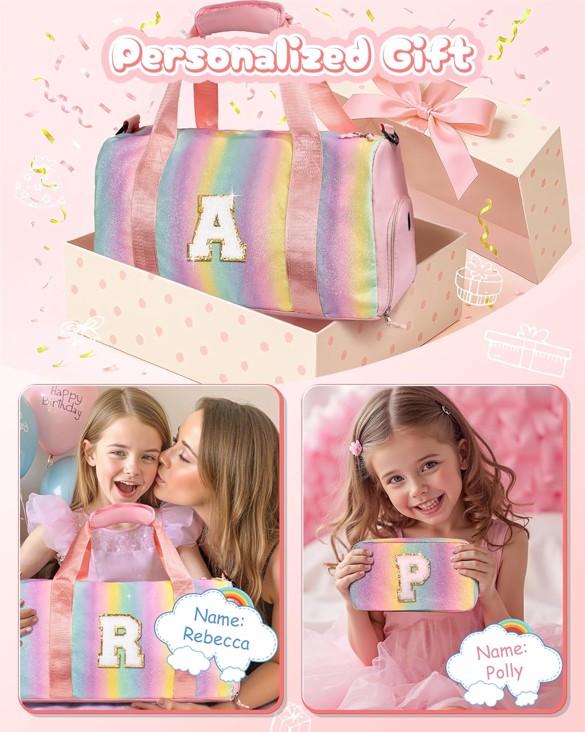 Birthday Gifts for 4 5 6 7 8 9 10 11 12 13 Year Old Girls-Girl Gym Bag with Shoe Compartment, Kid Personalized Dance Bags, Travel Tote with Makeup Pouch, Preppy Things for Girl (Letter E)