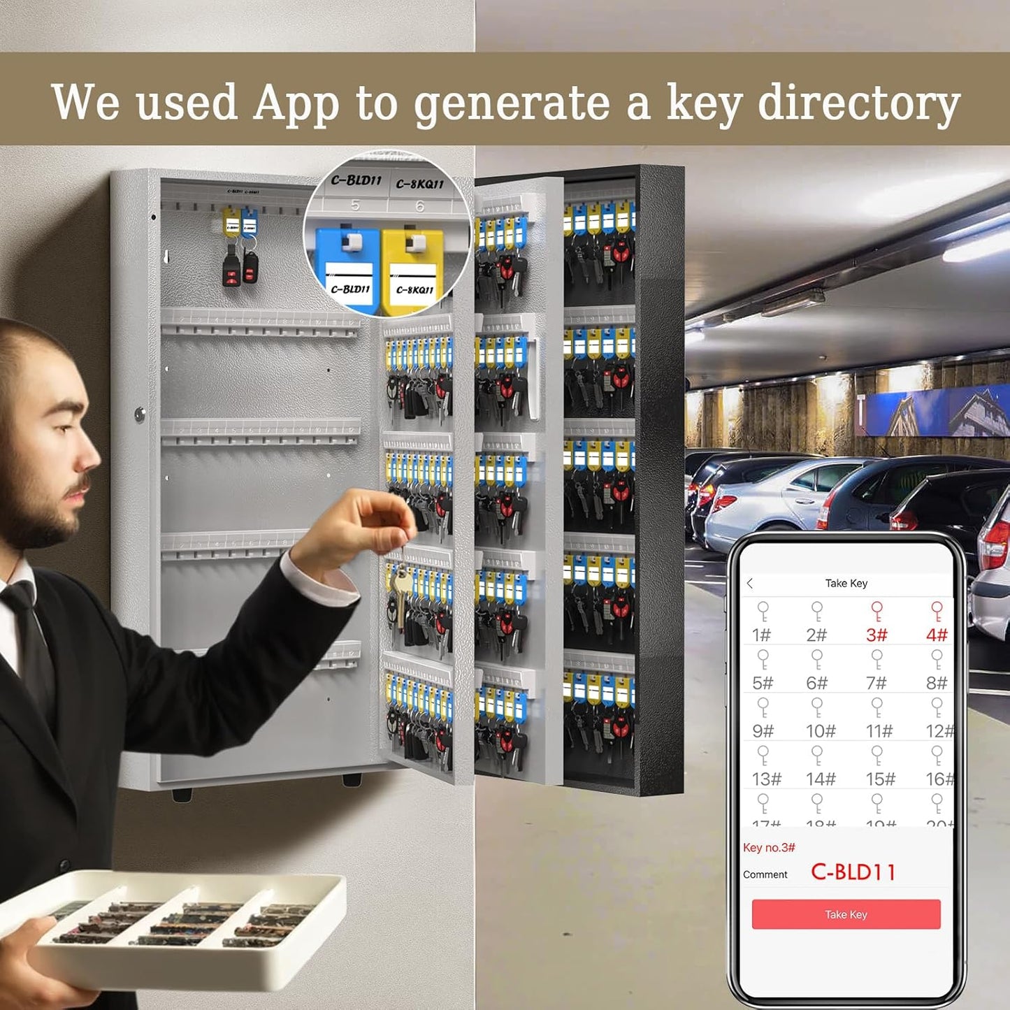 WeHere 360 Lock Box Wall Mount, APP Bluetooth/OTP/Wi-Fi/Fixed Code/Key Unlock, Smart Cabinet With Tag, Organizer Holder, Management Directory for Office, Valet, Realtor, Hotel