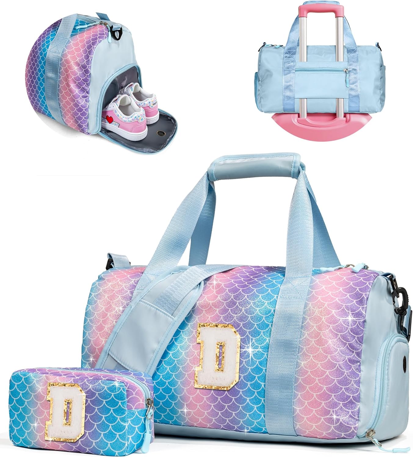 Cute Preppy Gifts for Girls-Girl Gym Bag with Shoe Compartment, Kid Personalized Weekender Overnight Bags, Initial Travel Tote with Makeup Pouch, Daughter In Law Gift (Letter D)
