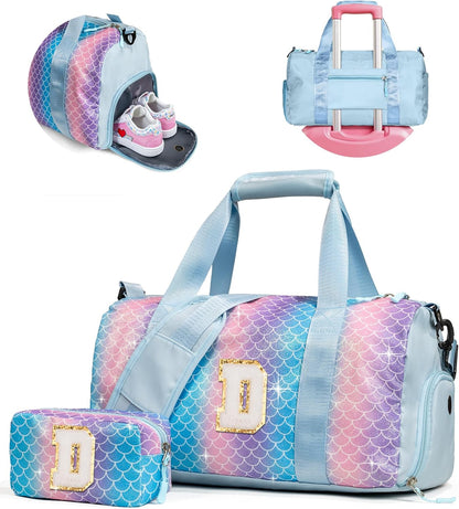 Cute Preppy Gifts for Girls-Girl Gym Bag with Shoe Compartment, Kid Personalized Weekender Overnight Bags, Initial Travel Tote with Makeup Pouch, Daughter In Law Gift (Letter D)