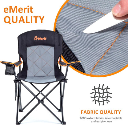 EMERIT 2 Pack Oversized Padded Camping Chair, 350LB Heavy Duty Quad Fold Chair with Arms, Collapsible Outdoor Chairs with Lumbar Back & Cup Holder