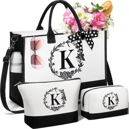 Personalized Mothers Day Gifts for Women, Initial Canvas Tote Bag & Makeup Bag Monogrammed Beach Tote Bag for Women w/Zipper, Birthday Gifts for Mom Mother Her Girlfriend Wife Sister Friend Daughter