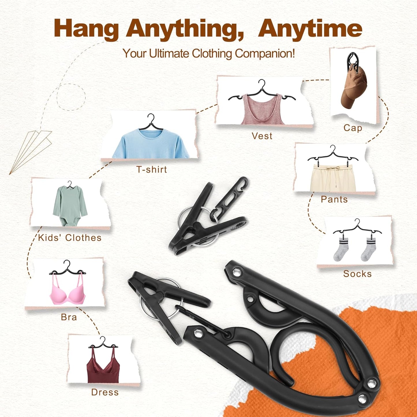 HOUSE DAY Foldable Travel Hangers 20 Pack w/10 Clips, Cruise Essentials 2025, Portable Hangers Collapsible Hanger Plastic, Travel Must Haves for Suitcase, Hotel, RV, Road Trip, Flying, Camping-Black