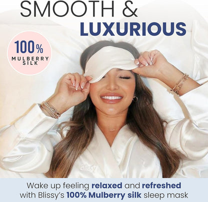 Blissy Silk Sleep Mask - Silk Eye Sleeping Mask for Women & Men for Total Blackout - 100% Pure Mulberry Silk, 22 Momme 6a Fibers - Blindfold Silk Sleep Mask Side Sleeper Eye Cover (White)
