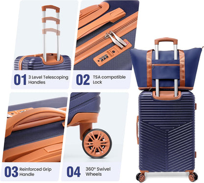 Hoteel 4 Piece Luggage Set (4-YEAR WARRANTY) Carry on ABS+PC Hard Shell Suitcase with Spinner Wheels & TSA Lock (Dark Blue)