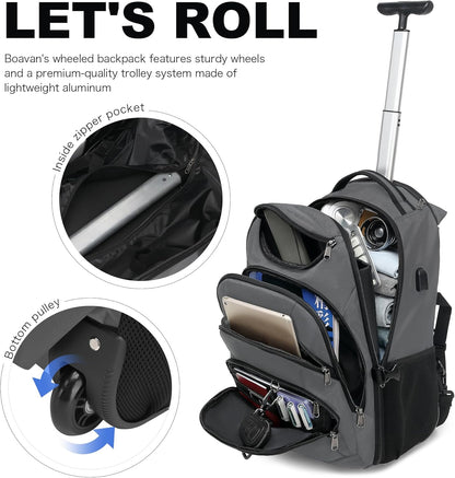 Boavan Rolling Backpack,17 inch Water Resistant Wheeled Backpack,Carry on Luggage Business Bag, Overnight College Computer bag Trolley Suitcase for Men Women Adults to Travel，Grey