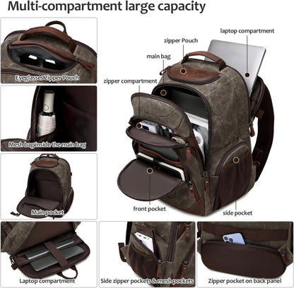 Travel Laptop Backpack 17.3 inch XL Computer Backpack for Men Waxed Canvas College Daypack Business Backpack Green