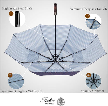 Balios Travel Folding Umbrella with Real Wood Handle Auto Open Close Vented Windproof Canopy - Designed in UK