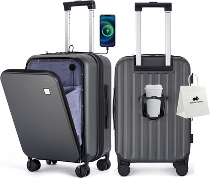 BISON DENIM 20 Inch Carry On Luggage, PC Lightweight Hardside Expandable Carry-On Luggage Airline Approved With Spinner Wheels, Front Compartment, Cup Holde, TSA-approved Lock, USB Port, Dark Grey