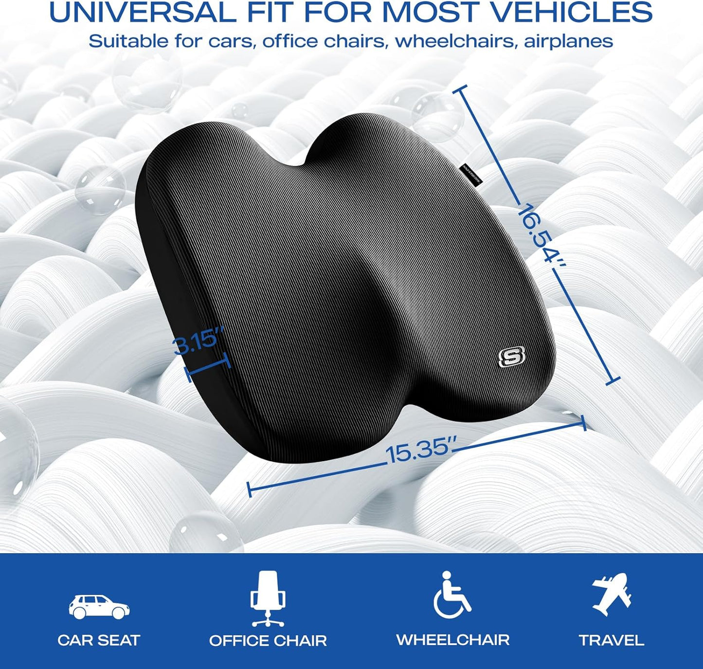 Skechers Memory Foam Seat Cushion,Ribbed Fabric Office Chair Cushion for Tailbone Pain Relief,Butt Pillow for Office Chair,Car Seat Cushion,Long Sitting Office Workers,and Car Drivers,Black