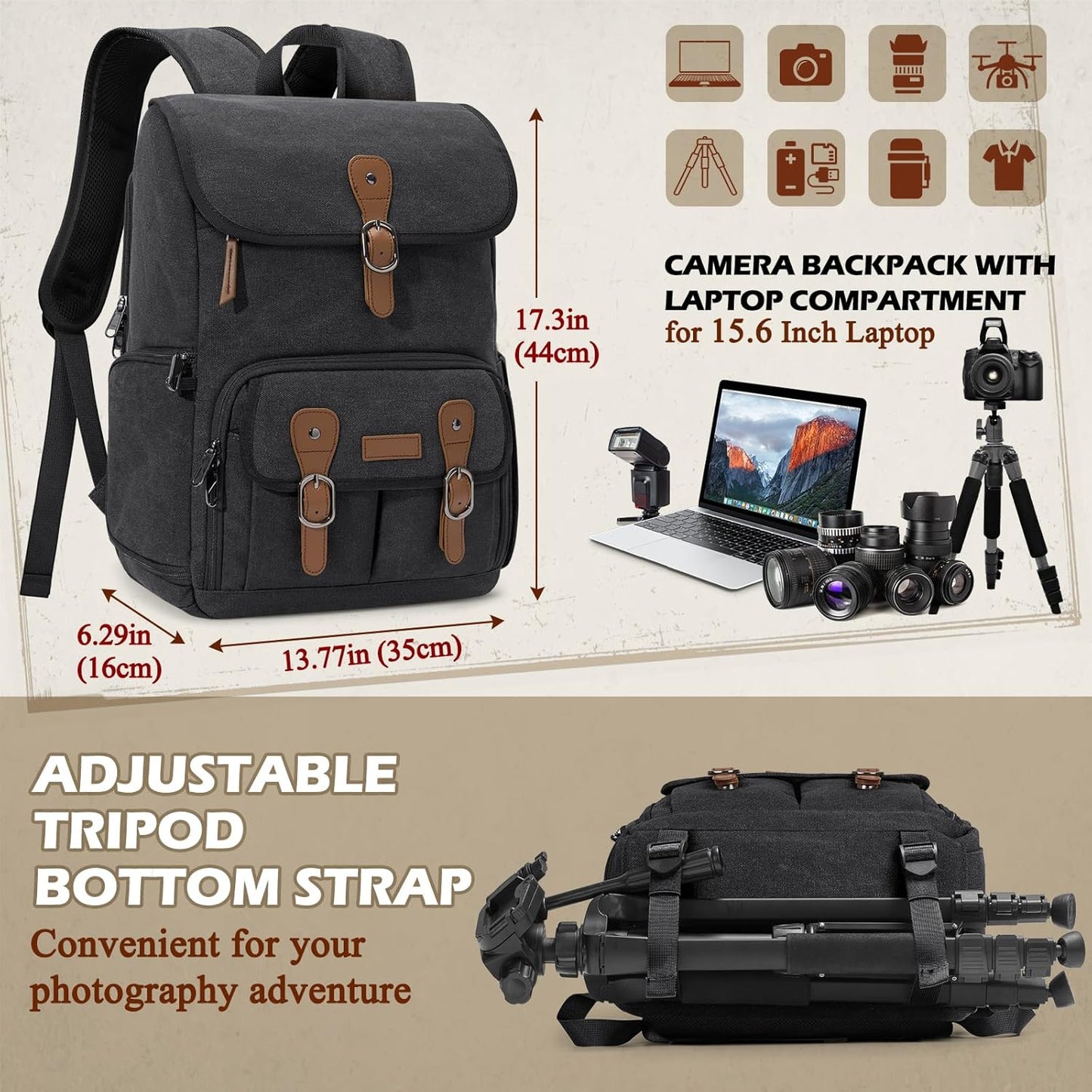 RAINSMORE Camera Bag Backpack for DSLR/SLR Mirrorless 15.6 Inch Laptop Camera Back Pack for Photographers Anti-Theft Photography Bags Case with Tripod Holder & Rain Cover, Black