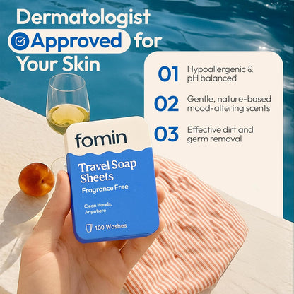 FOMIN - Antibacterial Paper Soap Sheets Tin for Traveling - (100 Sheets) Fragrance Free Portable Travel Hand Soap Sheets, Dissolvable Mini Camping Hand Soap for Hand Washing