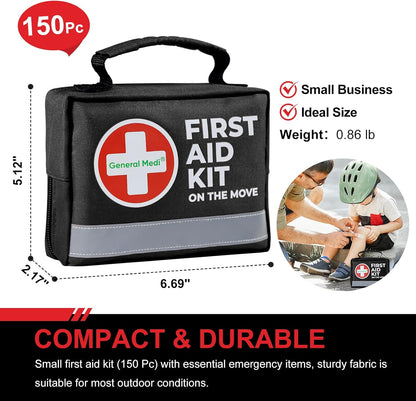 General Medi First Aid Kit - 150 Pieces Small Compact First Aid Kit Bag - Includes Instant Cold Pack, Emergency Blanket for Travel, Home, Office, Vehicle, Camping