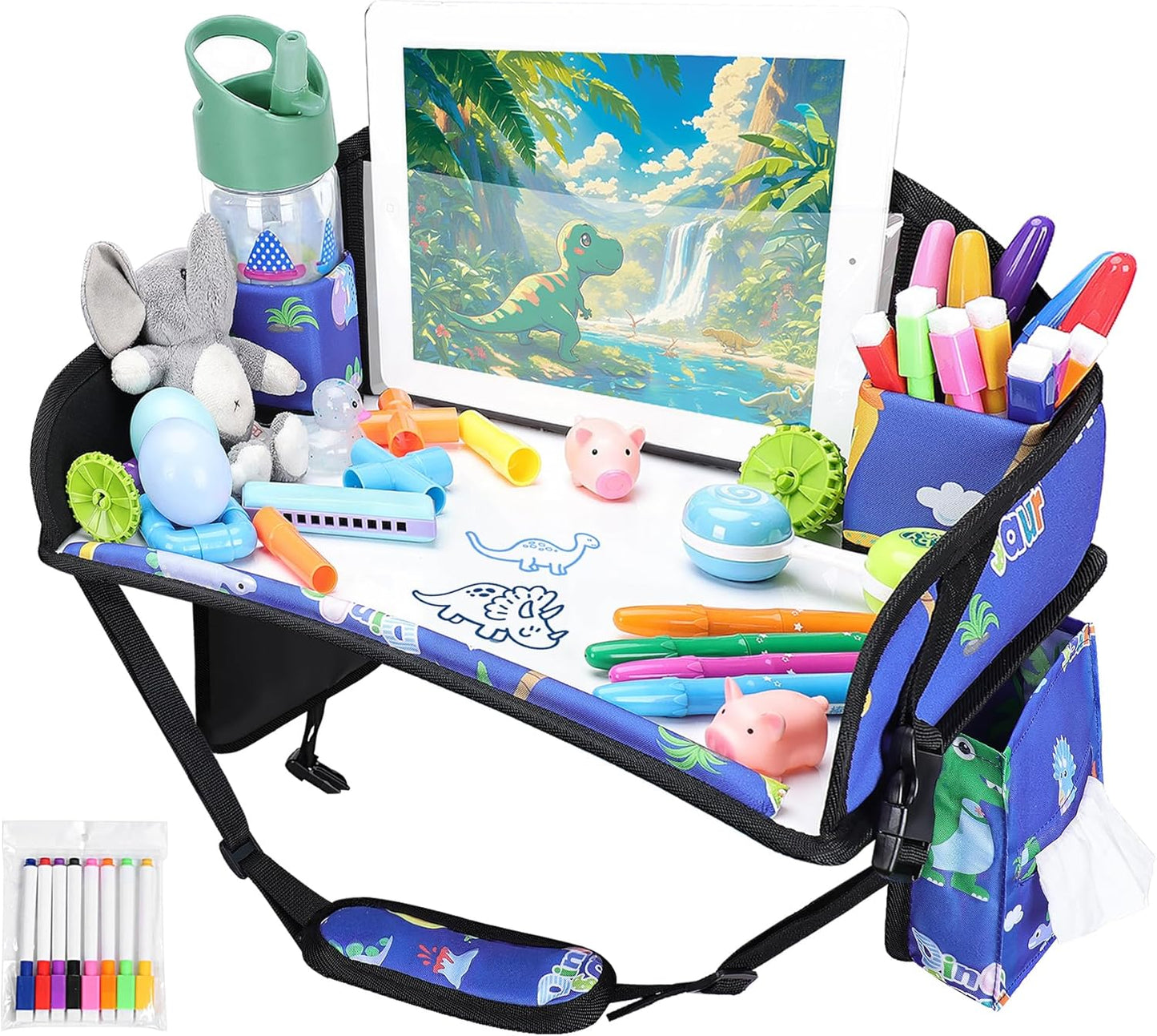 Kids Travel Tray for Airplane - Toddler Car Seat Table Tray, Road Trip Essentials for Boys & Girls, Carseat Lap Desk for Kids Road Trip Activities,Blue Dinosaur