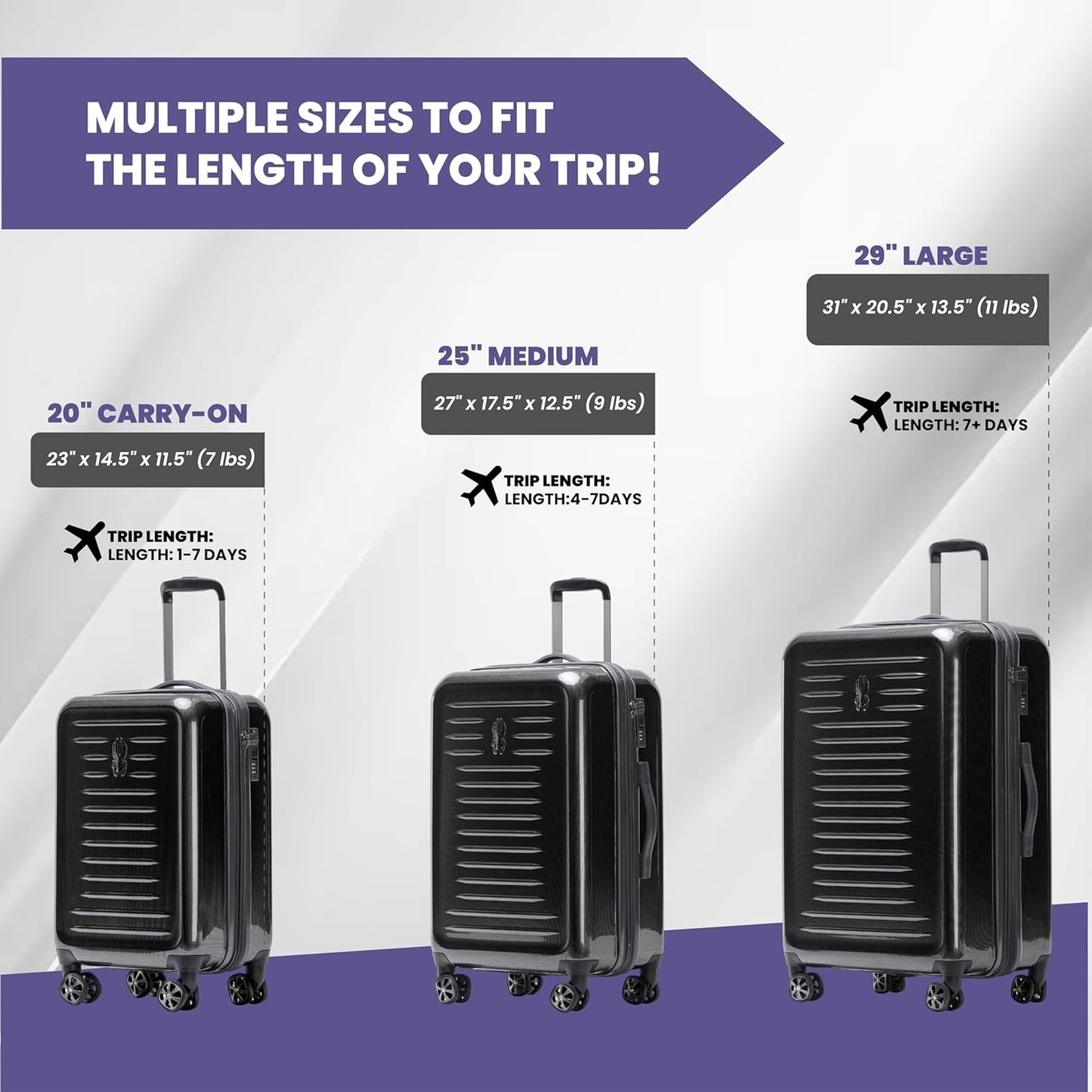 Spyder Rails 3 Piece Luggage Set with 360° Spinner Wheels, TSA Approved Lock, (20 Inch Carry On, 25 Inch Medium, 29 Inch Large), Black