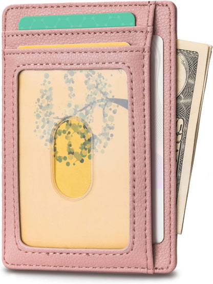 Buffway Slim Minimalist Front Pocket RFID Blocking Leather Wallets for Men and Women - Lichee Pink