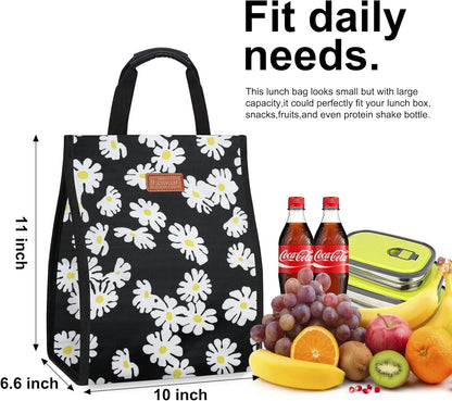 Lunch Bags for Women Insulated Reusable Lunch Tote with Internal Pocket, Lunch Tote bag for Work（Daisy）
