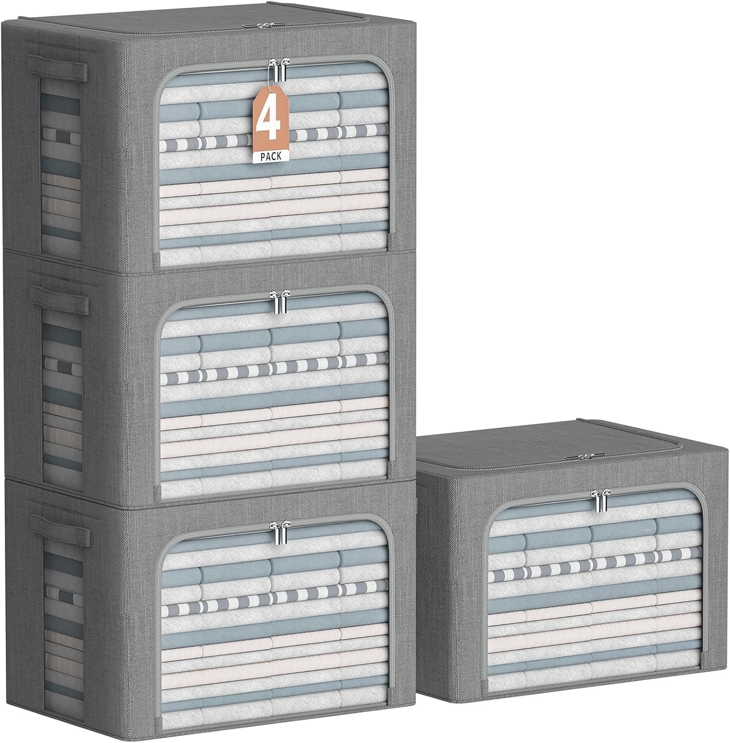 CYhom 4 Pack Clothes Storage Bins with Metal Frame - Linen Fabric Foldable Stackable Container Organizer Set with Clear Window & Carry Handles & Zippers (Dark Gray, 19.7"x15.7"x13")