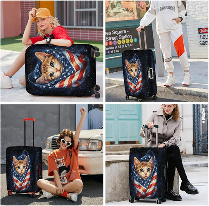 ANNA QUEEN Cute Patriotic Cat Luggage Cover, American Flag Suitcase Protector, Stretchable, Washable Travel Cover for 24-26 Inch Luggage