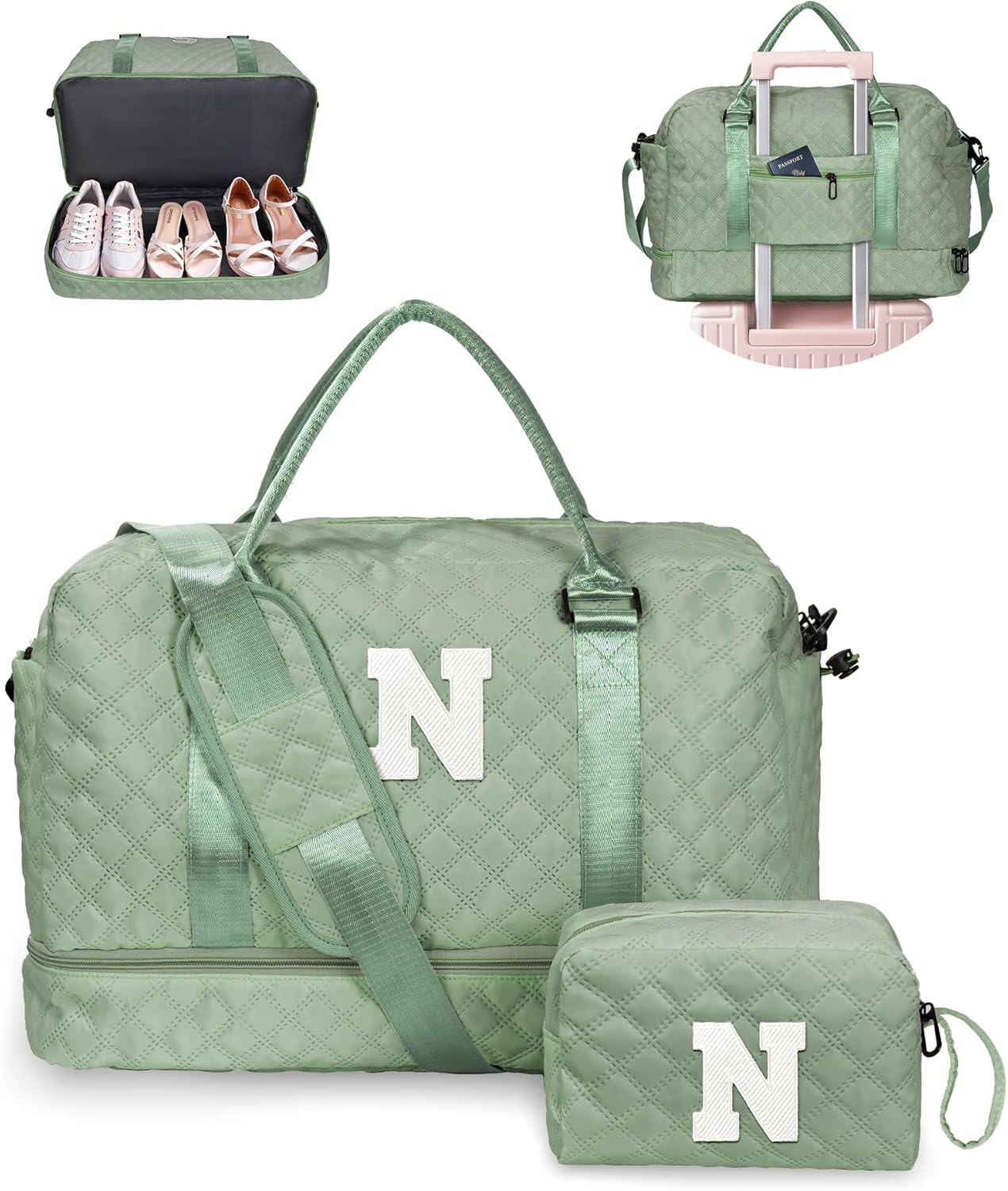 Gifts for Teacher -Initial Travel Bag with Shoe Compartment, Girls Weekender Bag, Monogram Overnight Bag for Women, Letter Travel Bag with Makeup Bag, Daughter Gift from Mom (Letter N)