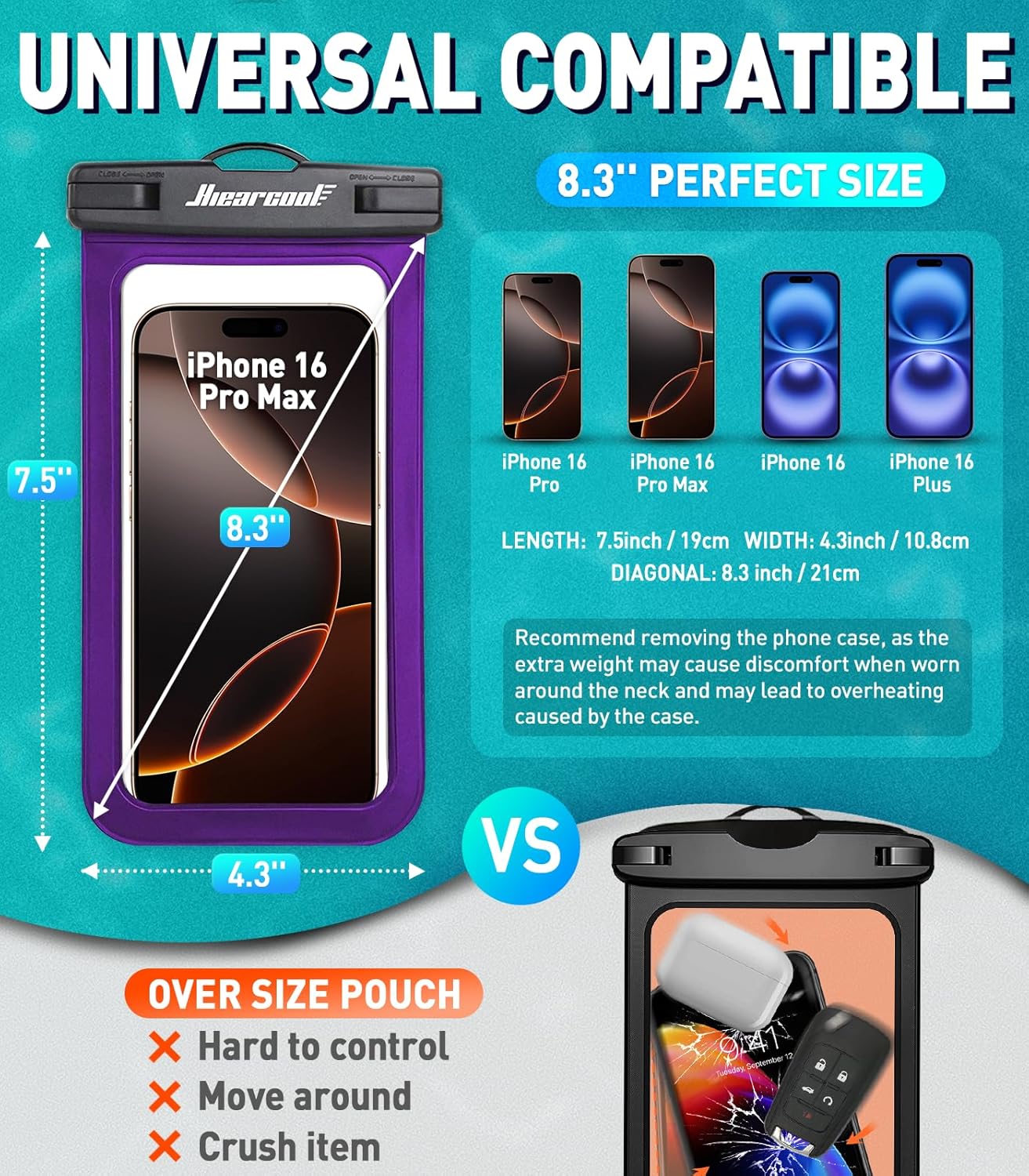 Hiearcool Universal Waterproof Phone Pouch, Dry Bag Compatible for iPhone 16 15 14 13 Pro Max XS Plus Samsung Galaxy S22 Cellphone Up to 8.3", IPX8 Water Proof Cell Phone Case for Beach-2Pack
