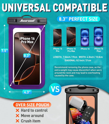 Hiearcool Universal Waterproof Phone Pouch, Dry Bag Compatible for iPhone 16 15 14 13 Pro Max XS Plus Samsung Galaxy S22 Cellphone Up to 8.3", IPX8 Water Proof Cell Phone Case for Beach-2Pack