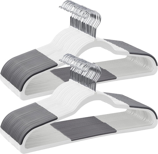 SONGMICS Clothes Hangers, Pack of 50 Plastic Coat Hangers, Space-Saving, 0.2 Inches Thick, 17.7 Inches Wide, 360° Swivel Hook, Cloud White and Dark Gray UCRP050W50