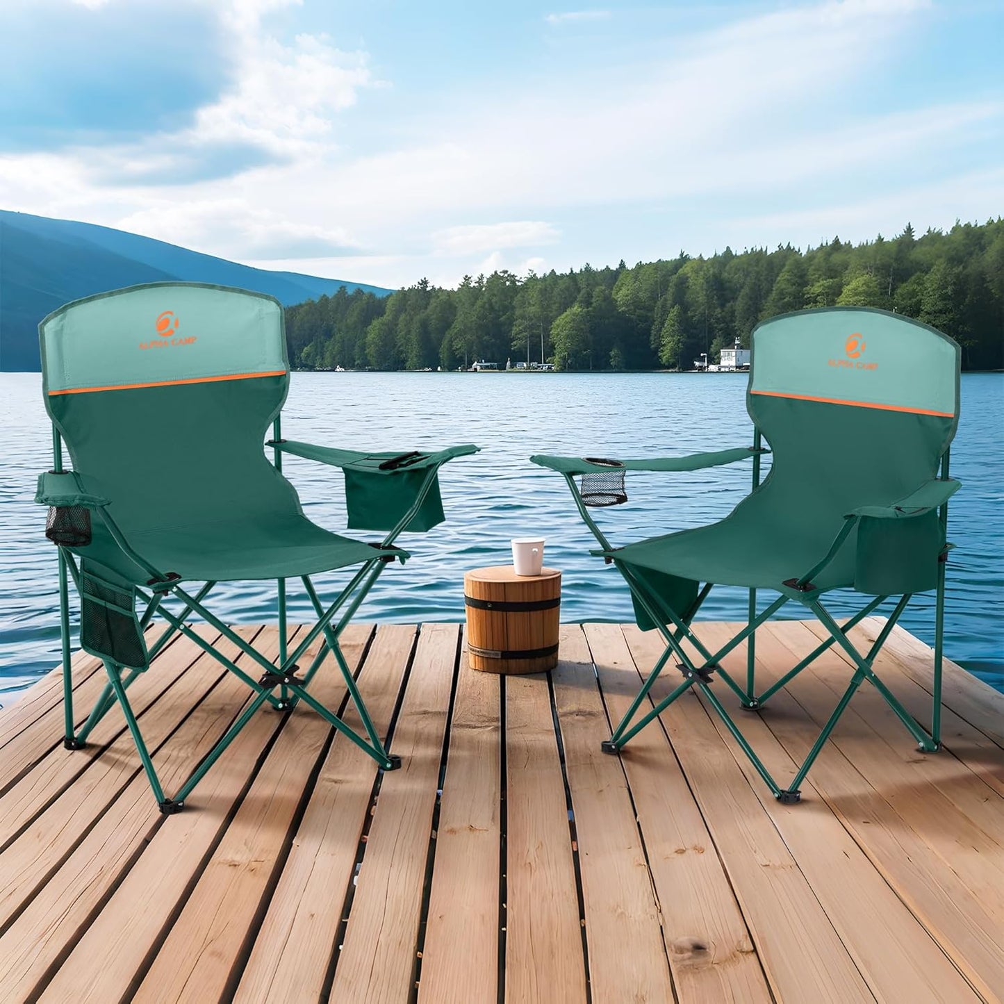 ALPHA CAMP Camping Chair 2 Pack Portable Chair with 3-Can Cooler Folding Chair with Side Pocket and Cup Holder, Collapsible for Camping, Tailgates, Beach, Fishing and Sports,2PC