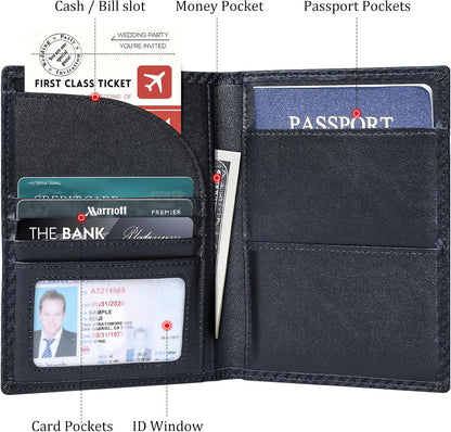 Polare Full Grain Leather Passport Holder RFID Blocking Travel Bifold Wallet Passport Holders 2 Passports (Carbon Black)