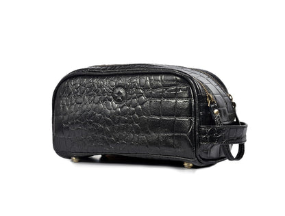 10" Premium Leather Toiletry Travel Pouch With Waterproof Lining | King-Size Handcrafted Vintage Dopp kit By Aaron Leather Goods (Grease Black)