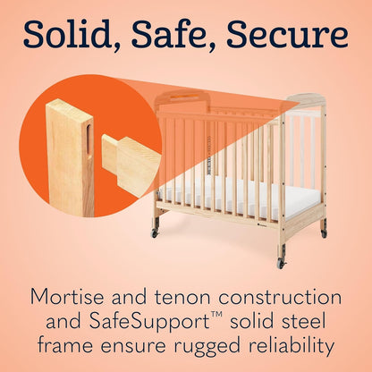 Foundations Serenity Compact Clearview Daycare Crib, Fixed Side, Durable Wood Construction, Non-Marking Casters (2 Locking), Clear End Panels, Includes 3” InfaPure Foam Mattress (White)