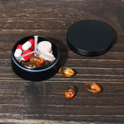 Small Pill Case 3 Compartments, Metal Round Portable Pill Box, Waterproof Travel Pill Organizer, Pocket Purse Medicine Vitamin Holder EDC Container (Black)