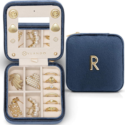 Vlando Travel Jewelry Box for Girls Women, Initial Jewelry Organizer Box - Travel Must Haves Case for Girls, Gifts for Sister Daughters - Letter R, Dark Blue