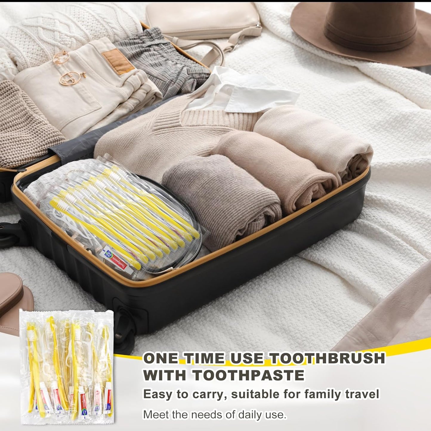 200pcs Disposable Toothbrushes with Toothpaste and Floss,Yellow Bulk Single Use Toothbrush Floss Pick Individually Wrapped Disposable Travel Toothbrushes Kit for Homeless,Airbnb,Hotel,Guest