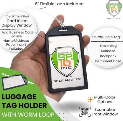 5 Pack - Premium Rigid Airline Luggage Tag Holders with 6" Worm Loops - Heavy Duty Hard Plastic -Suitcase ID Tag Identifiers with Business Card Insert Window by Specialist ID (Green)