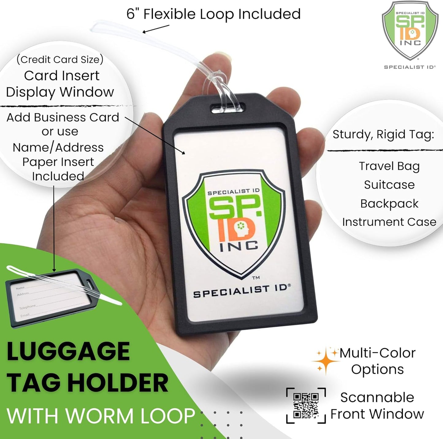 5 Pack - Premium Rigid Airline Luggage Tag Holders with 6" Worm Loops - Heavy Duty Hard Plastic -Suitcase ID Tag Identifiers with Business Card Insert Window by Specialist ID (Translucent/Clear)