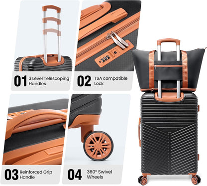 Hoteel 4 Piece Luggage Set (4-YEAR WARRANTY) Carry on ABS+PC Hard Shell Suitcase with Spinner Wheels & TSA Lock (Black)