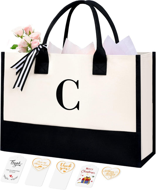 BAGAIL Initial Tote Bag, Personalized Birthday Gifts for Women, Teacher, Friends, Mom, Wedding, Monogrammed Beach Bag